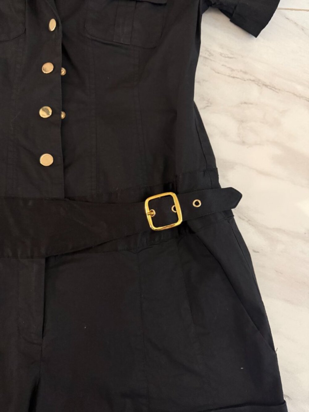 bebe Black Utility 96% Silk Romper Y2K Gold Hardware Belted Shorts Size S - Picture 6 of 10